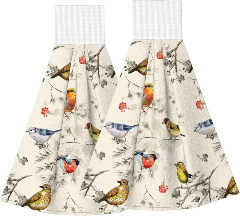 PDDCWAY Spring Vintage Birds Hanging Kitchen Towel 2 Pack Hummingbird Floral Tree Soft Hand Towels with Loop for Bathroom Washcloth Absorbent Tie Towel - Image 1